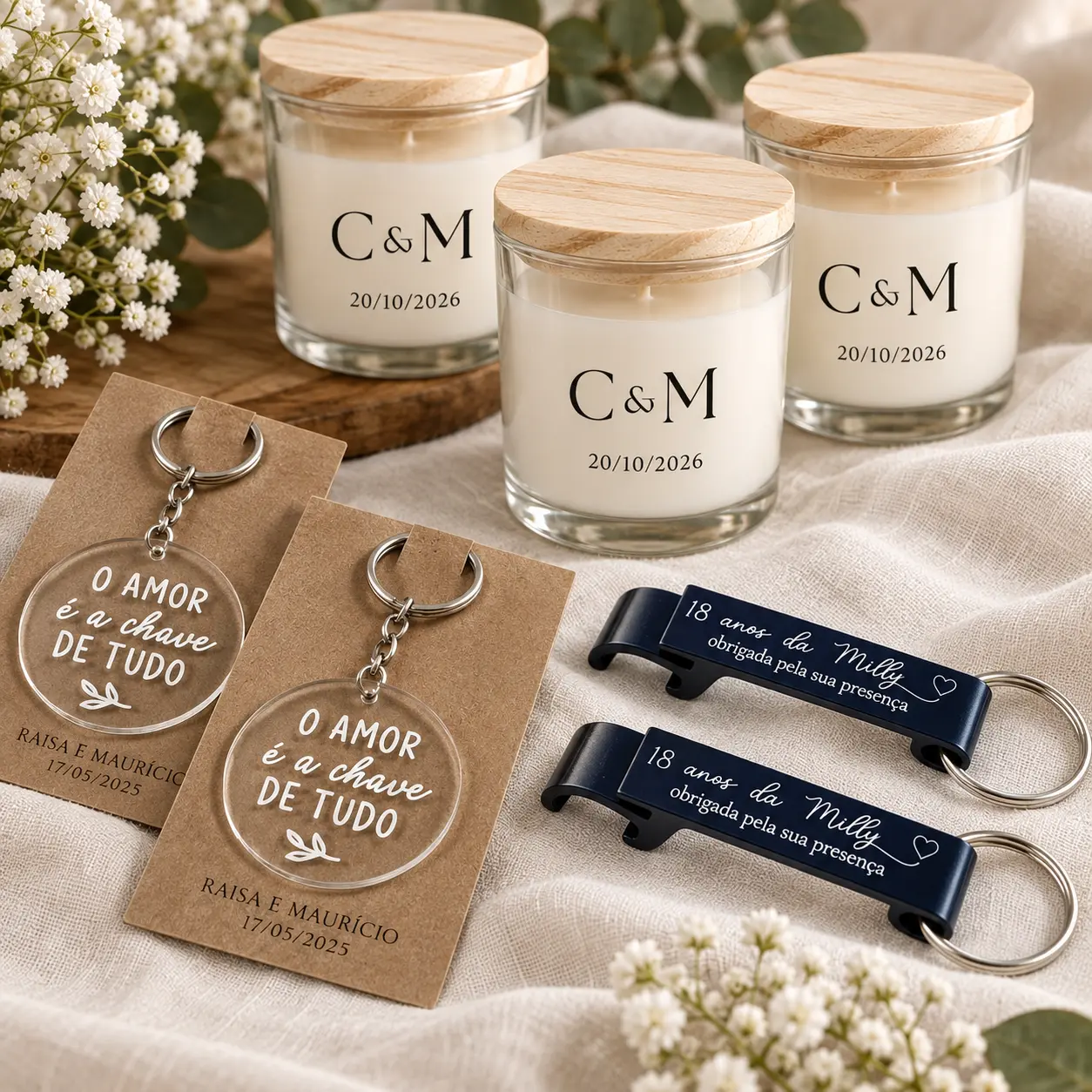 Lembranças personalizadas: porta-chaves em acrílico, abre-cápsulas azuis e velas em frascos de vidro