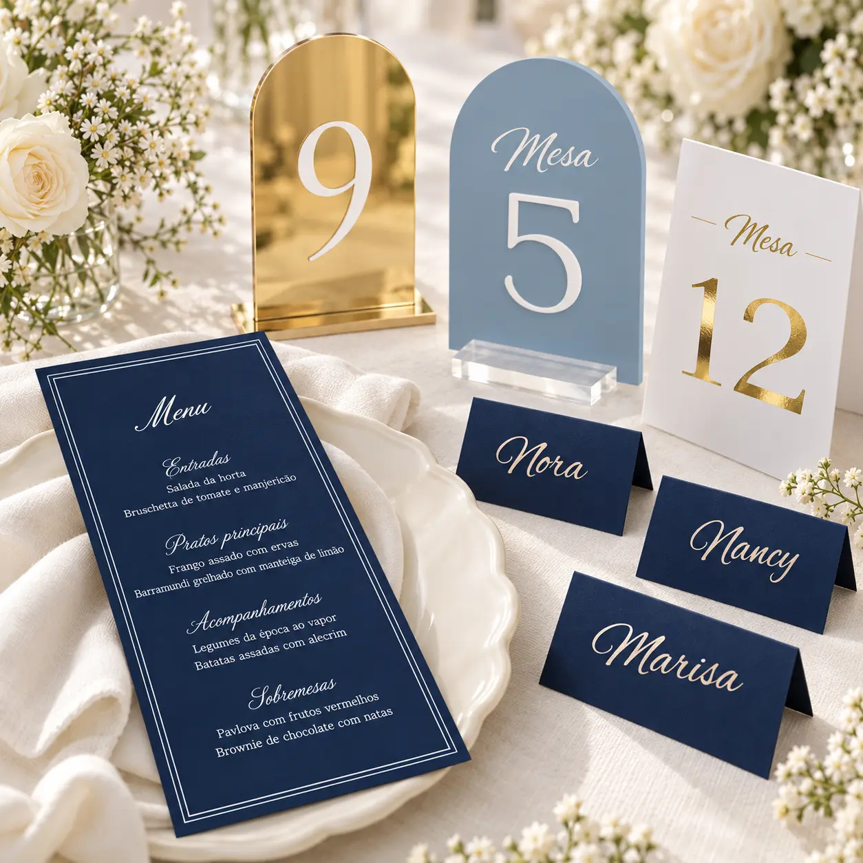 Menu em português, marcadores de lugar azuis e números de mesa em dourado, branco e azul